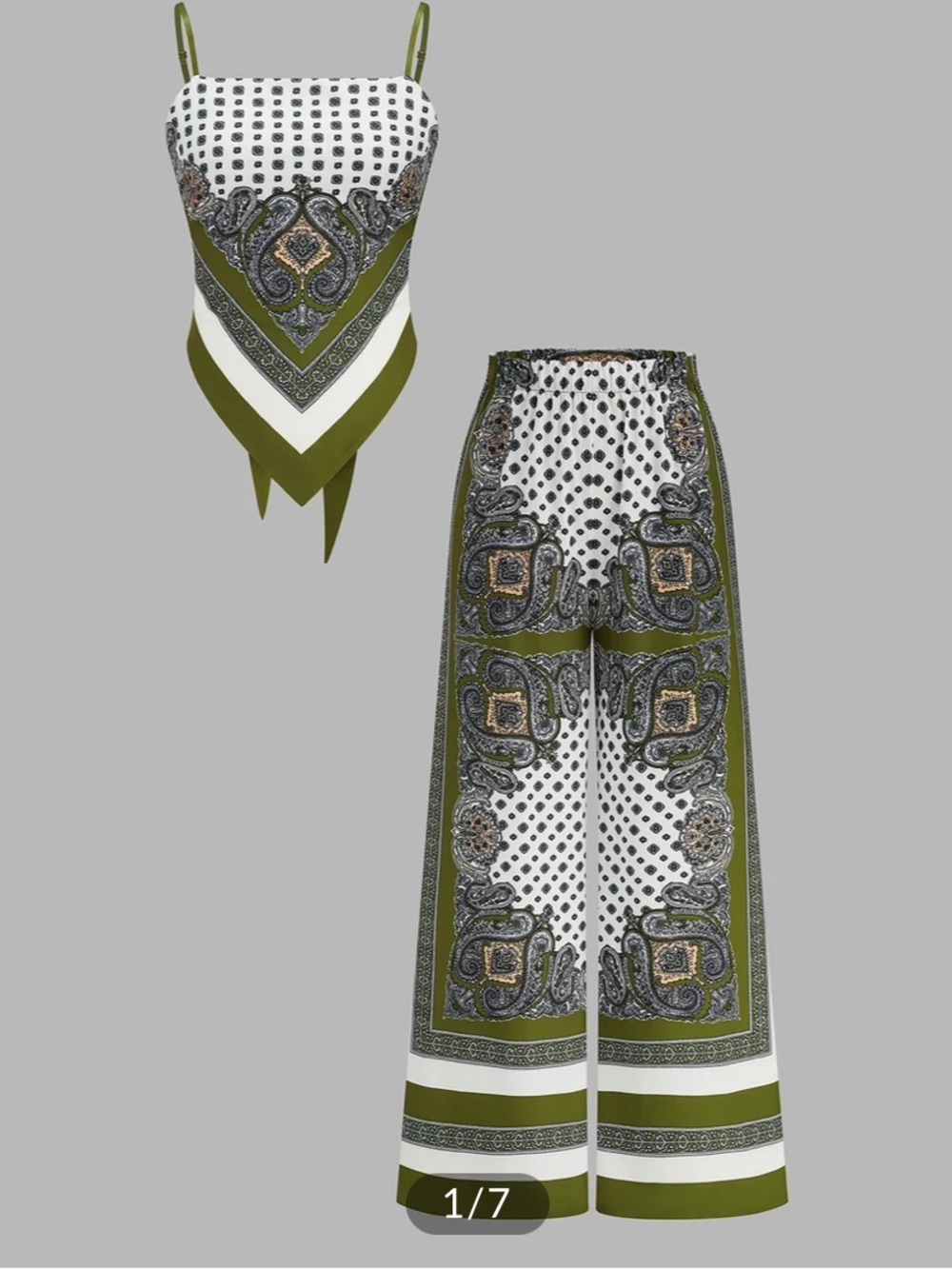Commense Olive & White Paisley Cami Top and Wide-Leg Pants